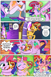 Size: 1800x2740 | Tagged: safe, artist:candyclumsy, artist:multi-commer, character:applejack, character:fluttershy, character:pinkie pie, character:rainbow dash, character:rarity, character:starlight glimmer, character:sunset shimmer, character:twilight sparkle, oc, species:alicorn, species:pony, species:unicorn, comic:the great big fusion, comic, eyelashes, eyeshadow, fusion, fusion:princess glimmering ball, fusion:princess supreme ball, fusion:queen all nighter, hair bun, hug, hybrid, makeup, melting, merge, merging, size difference, xk-class end-of-the-world scenario