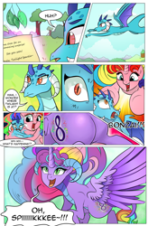 Size: 1800x2740 | Tagged: safe, artist:candyclumsy, artist:multi-commer, character:applejack, character:fluttershy, character:pinkie pie, character:princess ember, character:rainbow dash, character:rarity, character:starlight glimmer, character:sunset shimmer, character:twilight sparkle, oc, species:alicorn, species:dracony, species:dragon, species:pony, comic:the great big fusion, comic, cutie mark, eyelashes, eyeshadow, fusion, fusion:empress eternal party, fusion:queen all nighter, hair bun, hybrid, makeup, merge, merging, plot, size difference, the ass was fat, xk-class end-of-the-world scenario