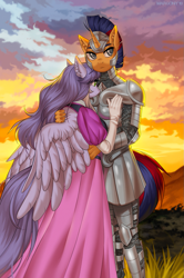 Size: 931x1400 | Tagged: safe, artist:margony, oc, oc:electric spark, oc:mariah wolves, species:alicorn, species:anthro, species:pony, species:unicorn, alicorn oc, armor, clothing, dress, knight, princess, shipping, ych result