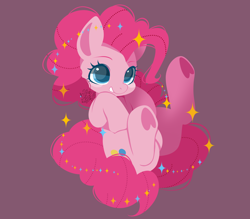 Size: 1600x1402 | Tagged: safe, artist:snow angel, character:pinkie pie, species:earth pony, species:pony, colored pupils, cute, diapinkes, female, grin, heart, hoof heart, mare, purple background, simple background, sitting, smiling, solo, sparkles, underhoof