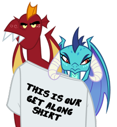 Size: 651x710 | Tagged: safe, artist:queencold, character:garble, character:princess ember, species:dragon, clothing, dragoness, duo, female, funny, get along shirt, hilarious, male, shirt, simple background, teenaged dragon, transparent background