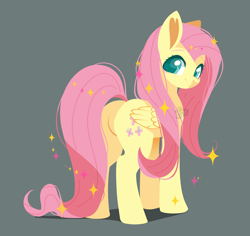 Size: 1500x1415 | Tagged: safe, artist:snow angel, character:fluttershy, species:pegasus, species:pony, colored pupils, cute, featureless crotch, female, gray background, looking at you, looking back, looking back at you, mare, plot, rear view, shyabetes, simple background, smiling, solo, sparkles