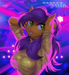 Size: 1110x1200 | Tagged: safe, artist:margony, oc, oc only, species:anthro, clothing, dancer, female, green eyes, nightclub, rave, smiling, solo