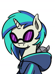 Size: 1280x1707 | Tagged: safe, artist:flutterluv, character:dj pon-3, character:vinyl scratch, species:pony, species:unicorn, bust, cat, clothing, cute, female, hoodie, ponified animal photo, portrait, simple background, smiling, solo, sunglasses, vinyl's glasses, vinylbetes, white background