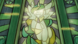 Size: 1280x720 | Tagged: safe, artist:captainhoers, character:princess celestia, species:alicorn, species:pony, canterlot, church, cyberpunk, dialogue, female, mare, new canterlot, stained glass, the sunjackers