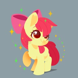 Size: 1600x1600 | Tagged: safe, artist:snow angel, character:apple bloom, species:earth pony, species:pony, adorabloom, bow, chest fluff, cute, female, filly, hair bow, heart, raised hoof, signature, simple background, smiling, solo, sparkles