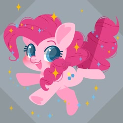 Size: 1600x1600 | Tagged: safe, artist:snow angel, character:pinkie pie, species:earth pony, species:pony, :3, chibi, cute, diapinkes, female, heart, looking at you, mare, open mouth, signature, simple background, smiling, solo, sparkles, underhoof