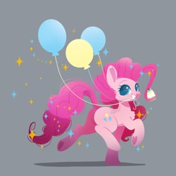 Size: 900x900 | Tagged: safe, artist:snow angel, character:pinkie pie, species:earth pony, species:pony, balloon, chest fluff, cupcake, cute, diapinkes, female, food, gray background, grin, heart, looking at you, mare, mouth hold, prehensile mane, raised hoof, signature, simple background, smiling, solo, sparkles, trotting, underhoof