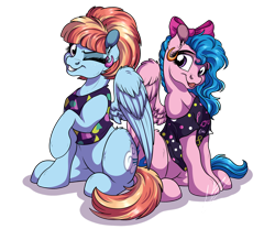 Size: 1920x1600 | Tagged: safe, artist:lupiarts, character:firefly, character:windy whistles, species:pegasus, species:pony, g1, 80's fashion, 80's-ish, bow, clothing, cute, digital art, duo, ear piercing, earring, female, g1 to g4, generation leap, hair bow, jewelry, mare, one eye closed, piercing, rainbow mom, simple background, sisters, sitting, transparent background, wink