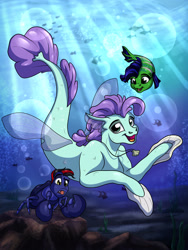 Size: 1920x2560 | Tagged: safe, artist:lupiarts, oc, oc only, oc:backsea, oc:lupi, oc:lupiarts, species:bat pony, species:crab, species:hippogriff, species:seapony (g4), bat pony oc, crab pony, cute, digital art, fish, meme, ocean, seaponified, species swap, underwater, water
