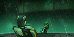 Size: 1280x640 | Tagged: safe, artist:captainhoers, oc, oc only, oc:atom smasher, oc:rainbow code, species:pegasus, species:pony, brother and sister, canterlot, cyberpunk, cyborg, female, looking at each other, looking back, male, mare, new canterlot, rain, stallion, the sunjackers