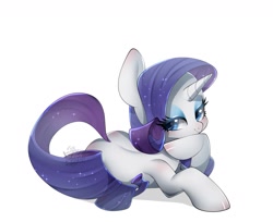 Size: 1083x884 | Tagged: safe, artist:snow angel, character:rarity, species:pony, species:unicorn, ethereal mane, female, galaxy mane, lidded eyes, looking at you, mare, prone, simple background, solo, white background