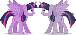 Size: 3040x1403 | Tagged: safe, artist:andoanimalia, character:mean twilight sparkle, character:twilight sparkle, character:twilight sparkle (alicorn), species:alicorn, species:pony, episode:the mean 6, g4, my little pony: friendship is magic, clone, duality, evil, female, good, grin, looking at each other, mare, ponidox, self ponidox, serious, serious face, smiling, trace, vector, vector trace