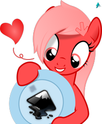 Size: 1700x2067 | Tagged: safe, artist:arifproject, oc, oc:downvote, species:pony, derpibooru, derpibooru ponified, cute, grin, heart, holding, inkscape, meta, plate, ponified, smiling, solo, vector