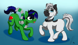 Size: 1920x1118 | Tagged: safe, artist:lupiarts, oc, oc only, oc:lupi, oc:lupiarts, oc:snoopy stallion, species:earth pony, species:pony, species:unicorn, clothing, collar, comic sins, cute, glasses, happy, sassy, scarf, tongue out