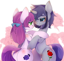 Size: 800x770 | Tagged: safe, artist:snow angel, oc, oc only, species:earth pony, species:pony, species:unicorn, abstract background, bipedal, bow, female, hug, looking at each other, male, mare, stallion