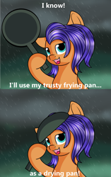 Size: 753x1200 | Tagged: safe, artist:rainbowtashie, character:frying pan, species:pony, 4kids, background pony, crossover, drying pan, frying pan, las pegasus resident, meme, pokémon, quote, rain, simple background, text