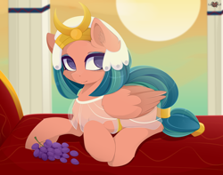Size: 3800x3000 | Tagged: safe, artist:xsatanielx, rcf community, character:somnambula, species:pegasus, species:pony, g4, bed, clothing, female, food, grapes, hat, mare, prone, solo