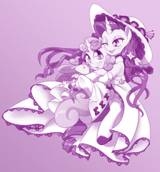 Size: 1280x1379 | Tagged: safe, artist:dstears, character:rarity, character:sweetie belle, species:pony, species:unicorn, aircraft carrier, anchor, azur lane, bow, clothing, crossover, cute, diasweetes, doll, dress, evening gloves, female, gloves, hat, illustrious (azur lane), long gloves, monochrome, one eye closed, pink background, raribetes, shoes, simple background, sisters, smiling, sun hat, toy, underhoof, unicorn (azur lane)