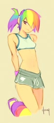 Size: 289x650 | Tagged: safe, artist:doxy, character:rainbow dash, species:human, breasts, delicious flat chest, female, humanized, leg warmers, light skin, ponytail, simple background, skinny, solo, sweatband