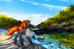 Size: 1400x933 | Tagged: safe, artist:margony, oc, oc only, oc:flame runner, species:pegasus, species:pony, female, mare, river, rock, scenery, scenery porn, solo, supernova