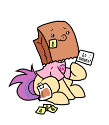 Size: 700x800 | Tagged: safe, artist:paperbagpony, oc, oc:paper bag, species:earth pony, species:pony, clothing, crying, fake cutie mark, female, paper bag, post-it, shirt, simple background, sticky note, white background