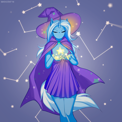 Size: 1000x1000 | Tagged: safe, artist:margony, character:trixie, species:anthro, species:pony, species:unicorn, abstract background, cape, clothing, constellation, cute, diatrixes, dress, explicit source, eyes closed, female, hat, magic, mare, solo, stars, trixie's cape, trixie's hat