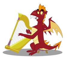 Size: 900x765 | Tagged: safe, artist:queencold, character:garble, species:dragon, blushing, embarrassed, harp, male, musical instrument, simple background, solo, stool, teenaged dragon, transparent background