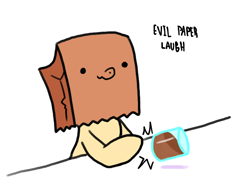 Size: 700x500 | Tagged: safe, artist:paperbagpony, derpibooru original, oc, oc:paper bag, species:pony, chocolate, chocolate milk, everything is ruined, evil, evil is petty, evil laugh, meme, milk, paper bag, pure unfiltered evil, simple background, spilled milk, white background