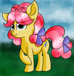 Size: 1280x1313 | Tagged: safe, artist:rainbowtashie, character:kettle corn, species:earth pony, species:pony, bow, cute, ear fluff, female, filly, gift art, hair bow, kettlebetes, solo, tail bow