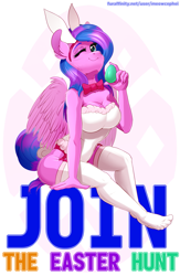 Size: 1957x3000 | Tagged: safe, artist:meowcephei, species:anthro, bunny suit, clothing, commission, costume, easter, easter bunny, easter egg, female, holiday, stockings, thigh highs, your character here