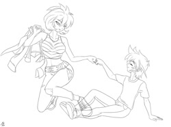 Size: 1024x763 | Tagged: safe, artist:mauroz, character:princess ember, character:spike, species:human, black and white, breasts, busty princess ember, clothing, fist bump, grayscale, human spike, humanized, jacket, jeans, lineart, monochrome, pants, ripped jeans, tank top