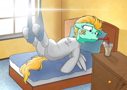 Size: 4096x2912 | Tagged: safe, artist:lupiarts, artist:snoopystallion, character:lightning dust, species:pegasus, species:pony, episode:the washouts, g4, my little pony: friendship is magic, bandaid, bed, body cast, comic sins, drinking straw, drinking through a straw, female, floppy ears, full body wing and hoof cast drinking through a straw, hospital bed, i told you so, implied spitfire, solo