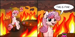 Size: 4096x2048 | Tagged: safe, artist:lupiarts, artist:snoopystallion, character:sweetie belle, species:pony, species:unicorn, blatant lies, chair, chest fluff, clothing, collaboration, comic sins, cup, cutie mark, derp, dialogue, digital art, female, filly, fire, gunshow, hat, meme, ponified meme, room, smiling, smoke, solo, speech bubble, table, teacup, the cmc's cutie marks, this is fine