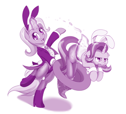 Size: 1280x1156 | Tagged: safe, artist:dstears, character:starlight glimmer, character:trixie, bunny ears, bunny out of the hat, bunny suit, carrot, clothing, cute, female, fishnet pantyhose, food, leotard, levitation, magic, magician outfit, mouth hold, reformed starlight, smiling, starlight is not amused, telekinesis, unamused