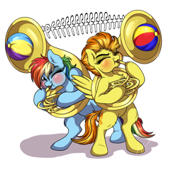 Size: 878x910 | Tagged: safe, artist:lupiarts, character:rainbow dash, character:spitfire, species:pegasus, species:pony, beach ball, blowing, blowing fetish, blushing, cute, cutefire, dashabetes, eyes closed, inflatable, inflating, musical instrument, one eye closed, puffy cheeks, rainblow dash, simple background, sousaphone, transparent background, weird fetish, wink