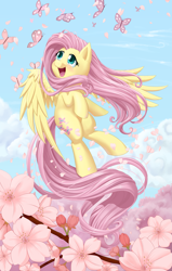 Size: 3323x5225 | Tagged: safe, artist:dstears, character:fluttershy, species:pegasus, species:pony, amazed, animal, butterfly, cute, female, flower, flying, happy, looking at something, looking up, mare, open mouth, outdoors, shyabetes, sky, smiling, solo, spread wings, tree, windswept mane, wings