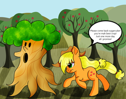 Size: 3000x2350 | Tagged: safe, artist:rainbowtashie, character:applejack, species:earth pony, species:pony, apple, apple tree, applejack's hat, clothing, cowboy hat, crossover, dialogue, female, food, freckles, hat, kirby, kirby 64, mare, orchard, speech bubble, stetson, tree, whispy woods