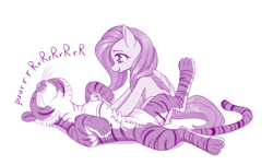Size: 1280x775 | Tagged: safe, artist:dstears, character:fluttershy, species:pegasus, species:pony, bellyrubs, big cat, cute, female, mare, monochrome, onomatopoeia, pale belly, purring, shyabetes, simple background, tiger, white background, wholesome
