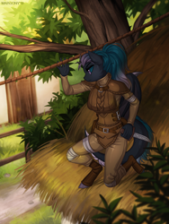 Size: 976x1300 | Tagged: safe, artist:margony, oc, oc only, species:anthro, species:bat pony, species:pony, species:unguligrade anthro, anthro oc, assassin, bat pony oc, clothing, female, grass, knife, mare, roof, rope, scenery, solo