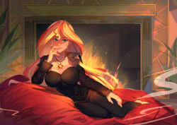 Size: 1400x990 | Tagged: safe, artist:bakki, character:sunset shimmer, species:human, my little pony:equestria girls, barefoot, big breasts, breasts, busty sunset shimmer, cleavage, clothing, commission, feet, female, fireplace, humanized, lounging, sexy, solo, stupid sexy sunset shimmer