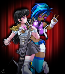 Size: 2085x2367 | Tagged: safe, artist:mauroz, character:dj pon-3, character:octavia melody, character:vinyl scratch, species:human, ship:scratchtavia, bow (instrument), breasts, busty vinyl scratch, cello, clothing, curtain, dark skin, electric cello, female, fingerless gloves, gloves, headphones, humanized, lesbian, musical instrument, panties, peace sign, shipping, shoes, skirt, socks, spotlight, sunglasses, thigh highs, zettai ryouiki