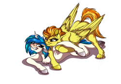 Size: 1920x1328 | Tagged: safe, artist:lupiarts, character:dj pon-3, character:spitfire, character:vinyl scratch, species:pony, buddies, commission, competition, digital art, friendship, gripping, sports, wrestling