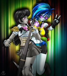 Size: 2085x2367 | Tagged: safe, artist:mauroz, character:dj pon-3, character:octavia melody, character:vinyl scratch, ship:scratchtavia, my little pony:equestria girls, bow (instrument), breasts, busty vinyl scratch, cello, clothing, curtain, electric cello, female, fingerless gloves, gloves, headphones, lesbian, miniskirt, musical instrument, peace sign, pleated skirt, shipping, shoes, skirt, socks, spotlight, sunglasses, thigh highs
