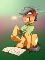 Size: 3057x4096 | Tagged: safe, artist:lupiarts, character:quibble pants, species:earth pony, species:pony, absurd resolution, angry, book, clothing, hoofbutt, male, rage, reading, signature, sitting, solo, stallion, teeth, underhoof