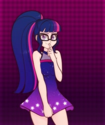 Size: 1177x1400 | Tagged: safe, artist:scorpdk, character:twilight sparkle, character:twilight sparkle (scitwi), species:eqg human, episode:i'm on a yacht, g4, my little pony: equestria girls, my little pony:equestria girls, spoiler:eqg series (season 2), adorasexy, arm boob squeeze, clothing, cute, dress, female, glasses, human coloration, minidress, mischievous, sexy, sexy egghead, skirt, skirt pull, smiling, solo