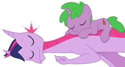 Size: 900x481 | Tagged: safe, artist:queencold, character:spike, character:twilight sparkle, species:dragon, species:pony, species:unicorn, g4, colt, commission, cute, dragoness, dragonified, duo, eyes closed, female, foal, male, ponified, ponified spike, role reversal, simple background, sleeping, species swap, spikabetes, transparent background, twilidragon