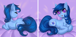 Size: 1818x900 | Tagged: safe, artist:margony, oc, oc only, oc:raylanda, species:earth pony, species:pony, commission, cute, eyes closed, female, looking at you, ocbetes, smiling, solo, tongue out, ych result