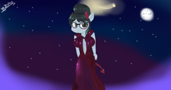 Size: 1280x678 | Tagged: safe, artist:mrscurlystyles, character:raven inkwell, species:anthro, species:earth pony, species:pony, species:unicorn, clothing, costume, demon, devil horns, dress, glasses, hair bun, horns, nightmare night