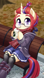 Size: 1440x2560 | Tagged: safe, artist:dstears, character:moondancer, species:pony, species:unicorn, adorkable, bench, boots, clothing, cup, cute, dancerbetes, dawwww, dork, drink, fate/grand order, female, garters, glasses, hoodie, hoof hold, looking at you, mare, miniskirt, moe, pleated skirt, scarf, scenery, semi-anthro, shoes, sitting, skirt, socks, solo, stockings, thigh highs